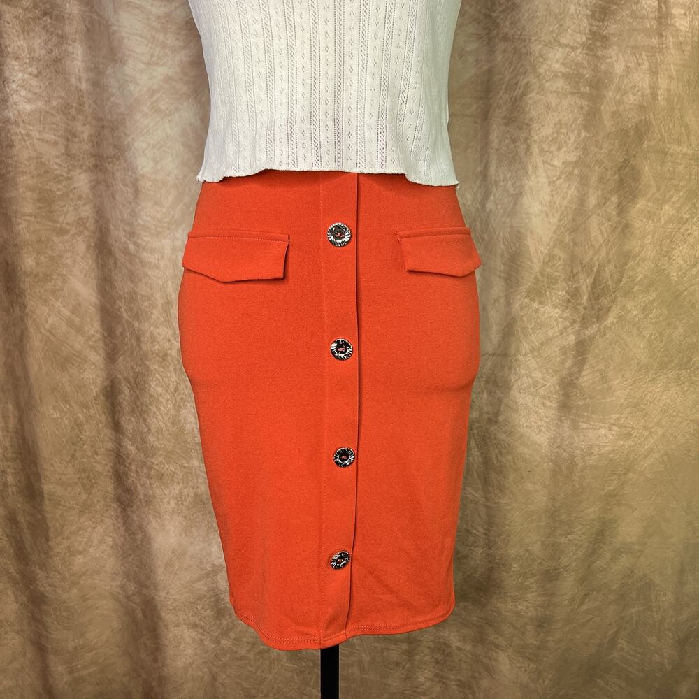 Vintage Y2K Pencil Skirt Orange Fitted Faux Button Up Academia Office Siren